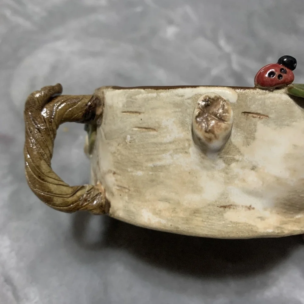 Unique Birch Bark Tree Stump Ceramic Vase Planter Mug Ladybug Handle Decorative
